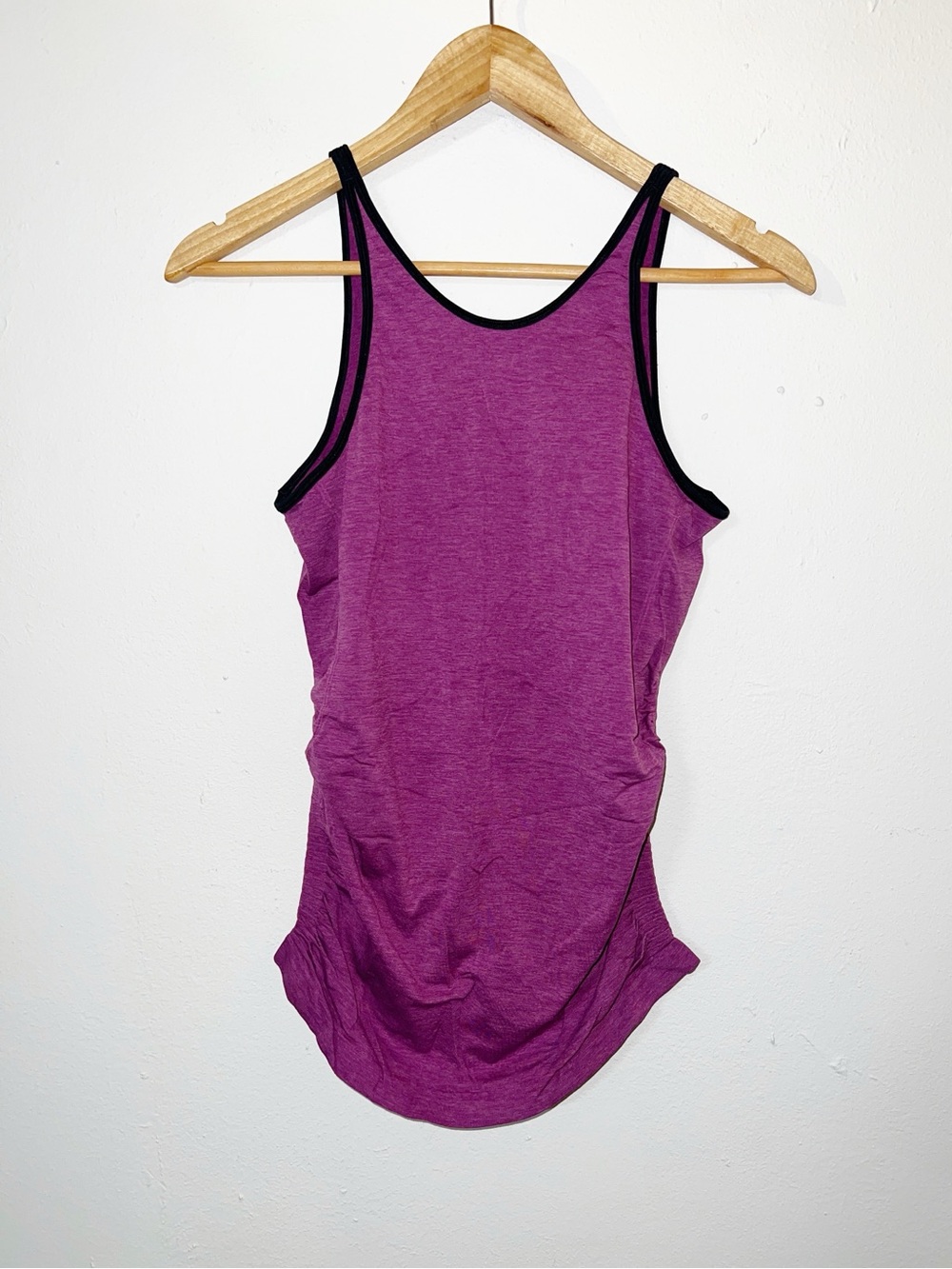 Women’s In The Flow Purple Low Open Back Tank Top w/ Black Trim and Ruched Sides